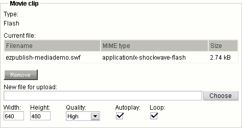 Object attribute edit interface for the "Media" datatype (Flash).