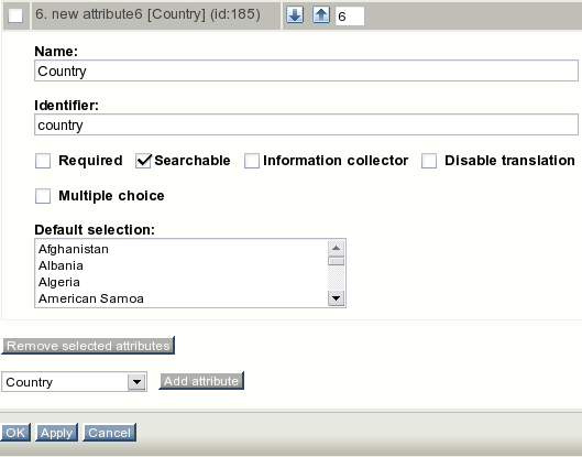 Class attribute edit interface for the "Country" datatype.