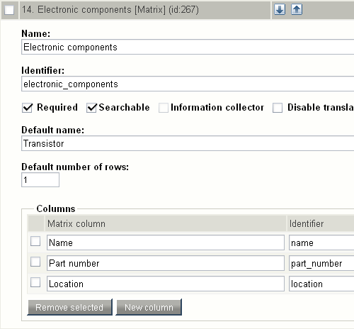 Class attribute edit interface for the "Matrix" datatype.