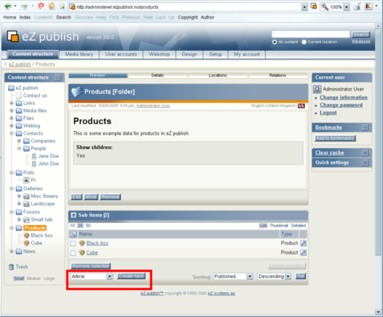 The "Create here" interface.