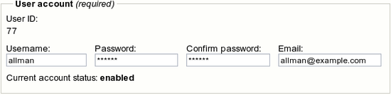Object attribute edit interface for the "User account" datatype.
