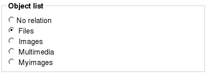 Object attribute edit interface for the "Object relations" datatype (list with radio buttons).